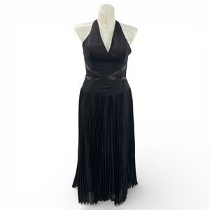 Lazaro Black Halter Charmeuse Maxi Dress Pleated  Cross Back Formal Gown Size 14